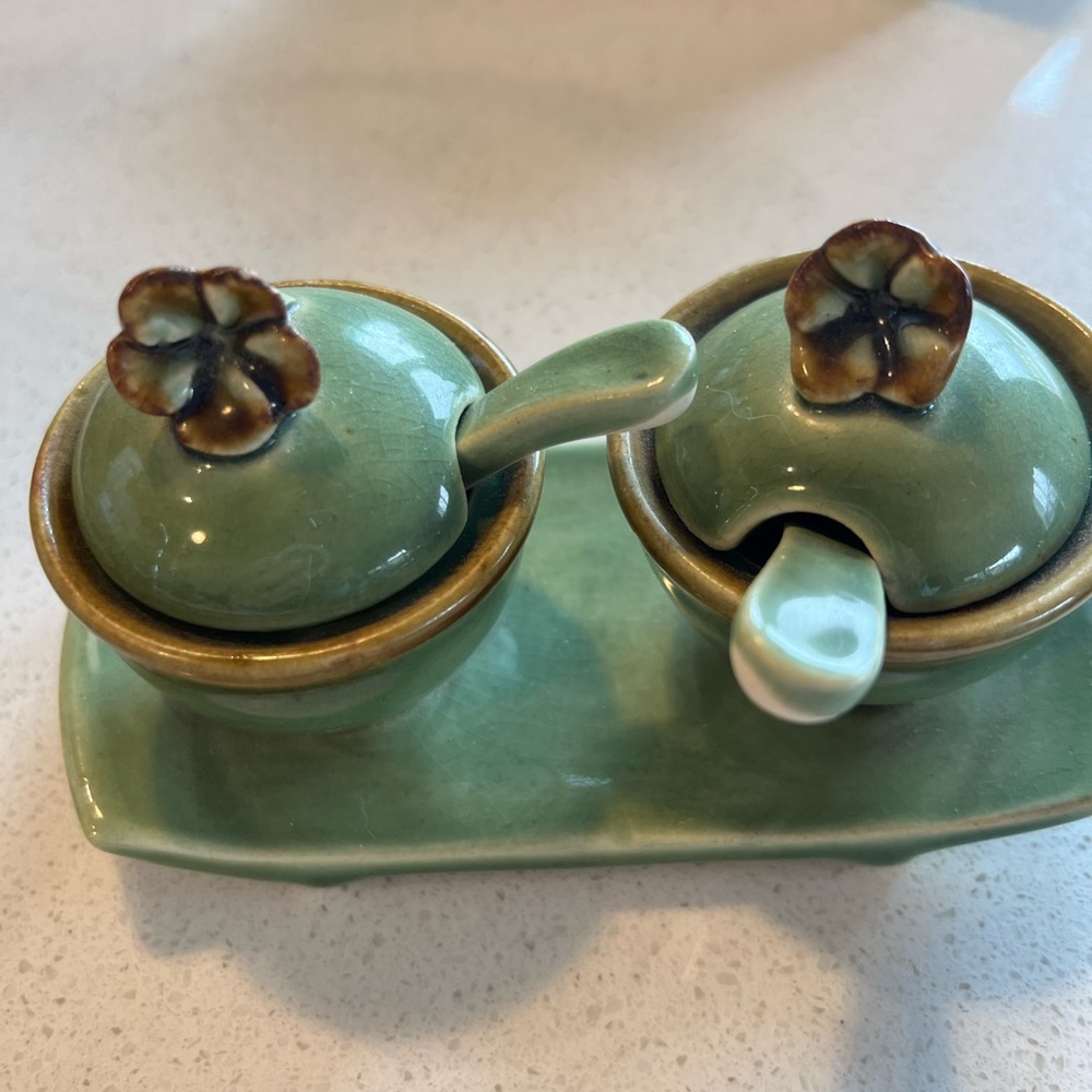 Vintage Handmade Ceramic Green Condiment Holders with little Flowers on the Lids